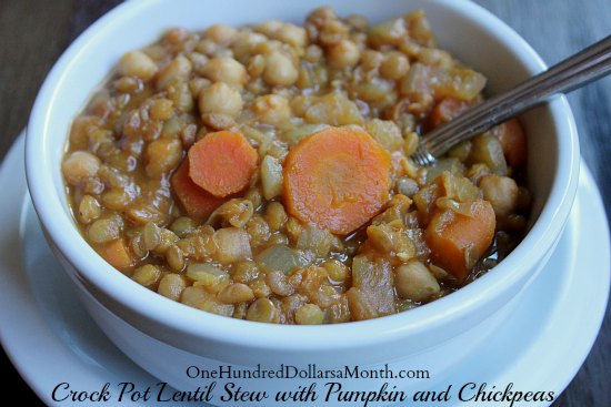 Vegetarian Slow Cooker Lentil Stew with Pumpkin and Chickpeas