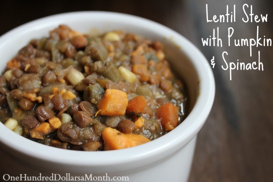 Slow Cooker Vegetarian Lentil Stew with Pumpkin and Spinach