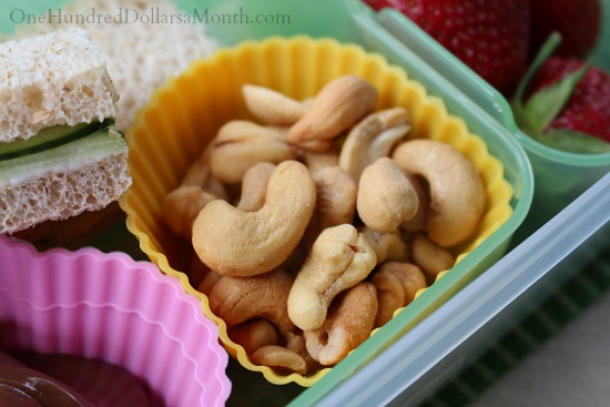 Bento Box Ideas – Cucumber Sandwich, Strawberries, Nutella and Cashews