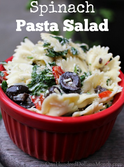 Spinach Pasta Salad with Black Olives and Peppers