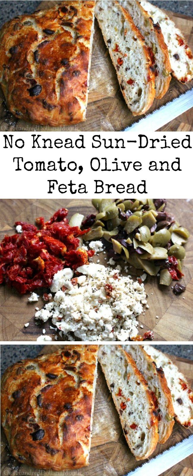 No Knead Sun-Dried Tomato, Olive and Feta Bread