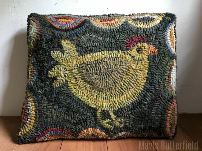 Primitive Hooked Rug Chicken Wool Pillow Mavis Butterfield One