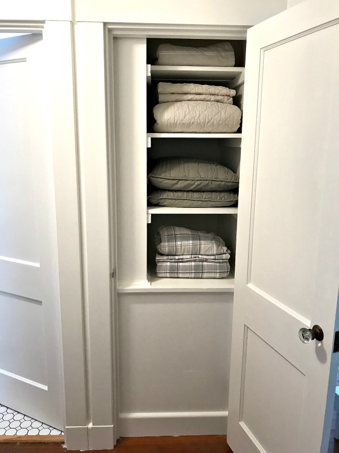 Linen Closet Makeover ~ Adios Wallpaper!